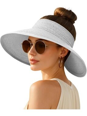 Women's Grey Wide Brim Straw Foldable Floppy Beach Visor Ponytail Sun Hats